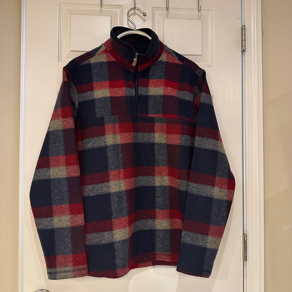John Wayne Stock & Supply Mens Large Fleece Full Zip Plaid Jacket Navy Burgundy